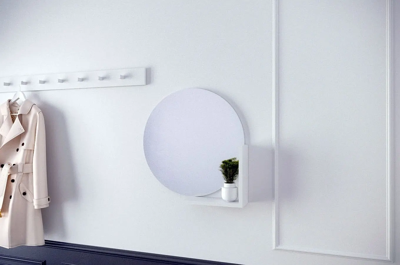 Okrągłe białe lustro z półką Skandica LUCIJA / średnica 60 cm