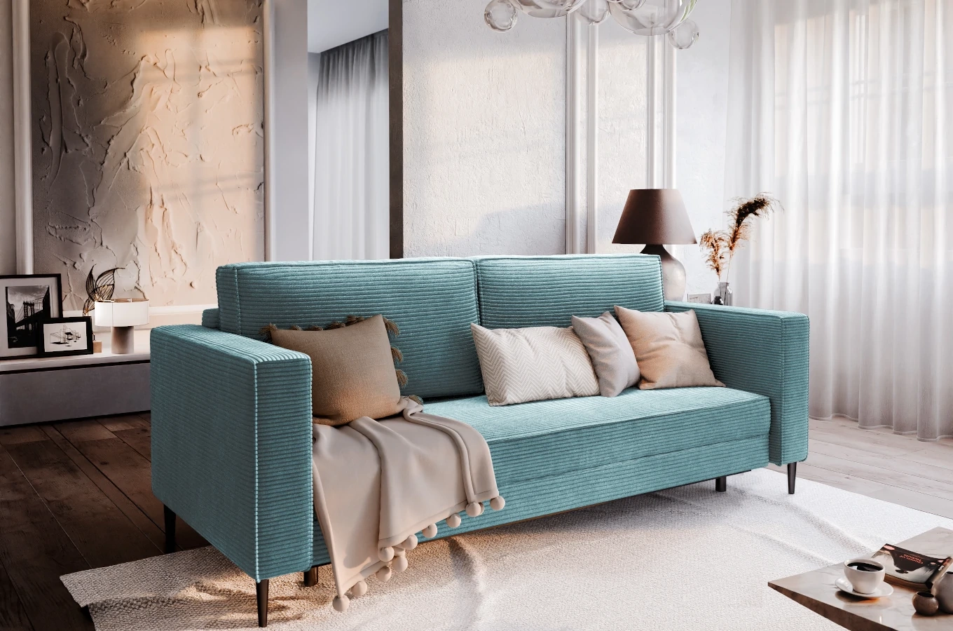 Nowoczesna sofa rozkładana GEPPI z funkcją spania i pojemnikiem na pościel / szerokość 226 cm