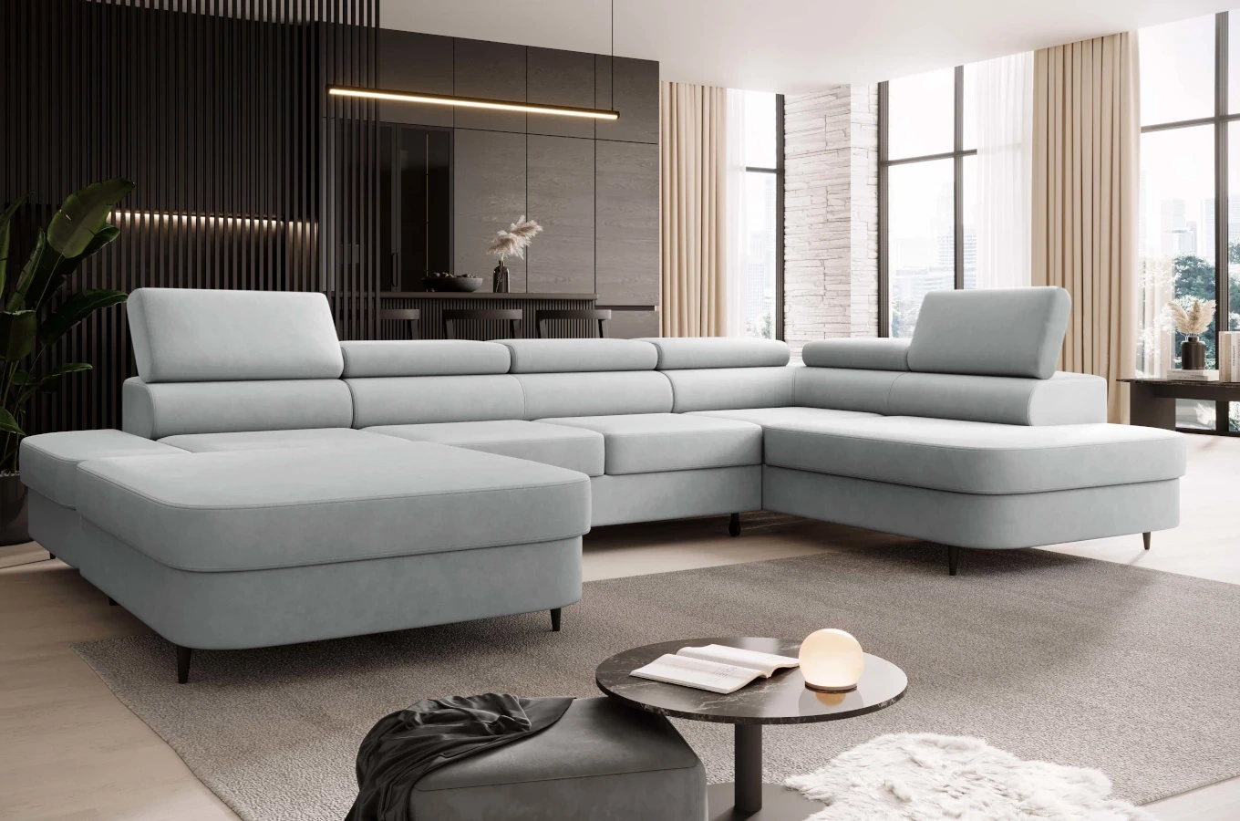 Nowoczesny narożnik TANZANIT U z funkcją spania i pojemnikiem na pościel