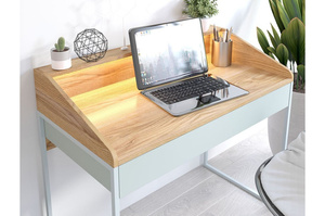 Nowoczesne biurko Dancan FINKA z oświetleniem / blat Jesion Górski + szuflada Pastel Green + stelaż szary / 110x56 cm