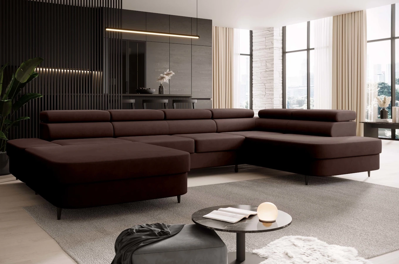 Nowoczesny narożnik TANZANIT U z funkcją spania i pojemnikiem na pościel