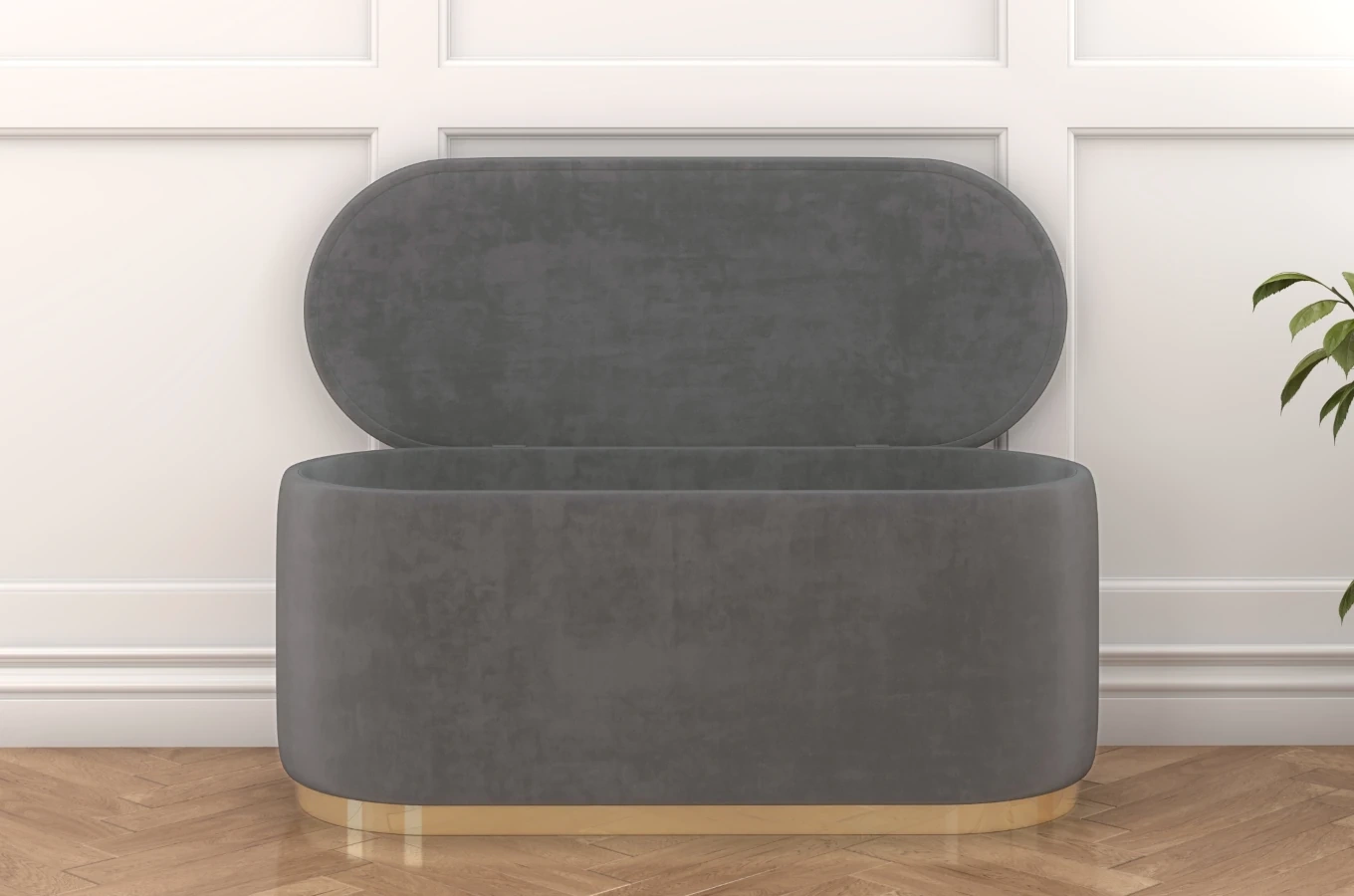 Jasnoszary owalny puf ze schowkiem Dancan SCARLETT na złotej podstawie