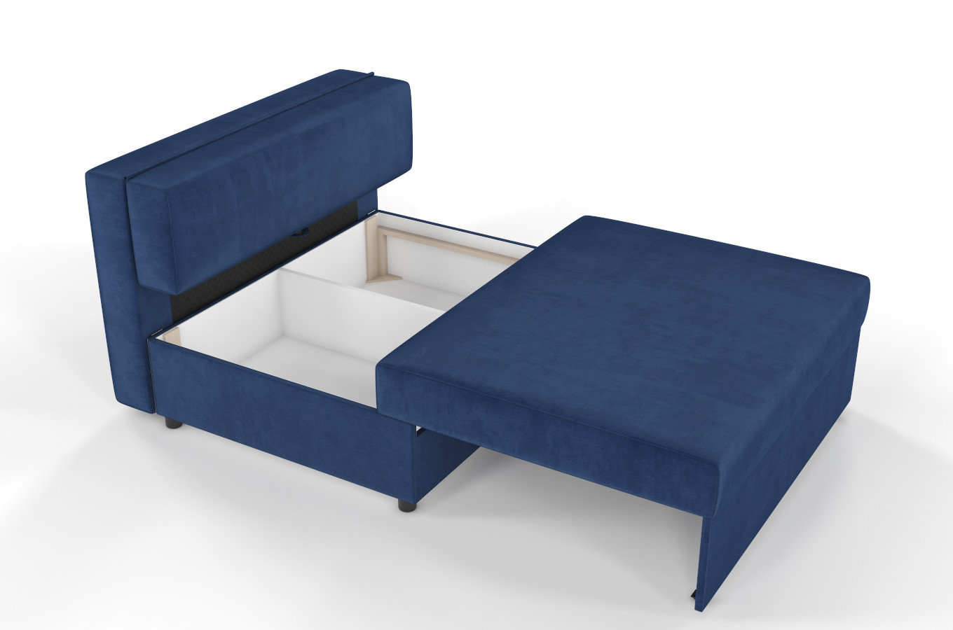 Granatowa rozkładana sofa Dancan OLGA z funkcją spania i pojemnikiem na pościel / szerokość 116 cm