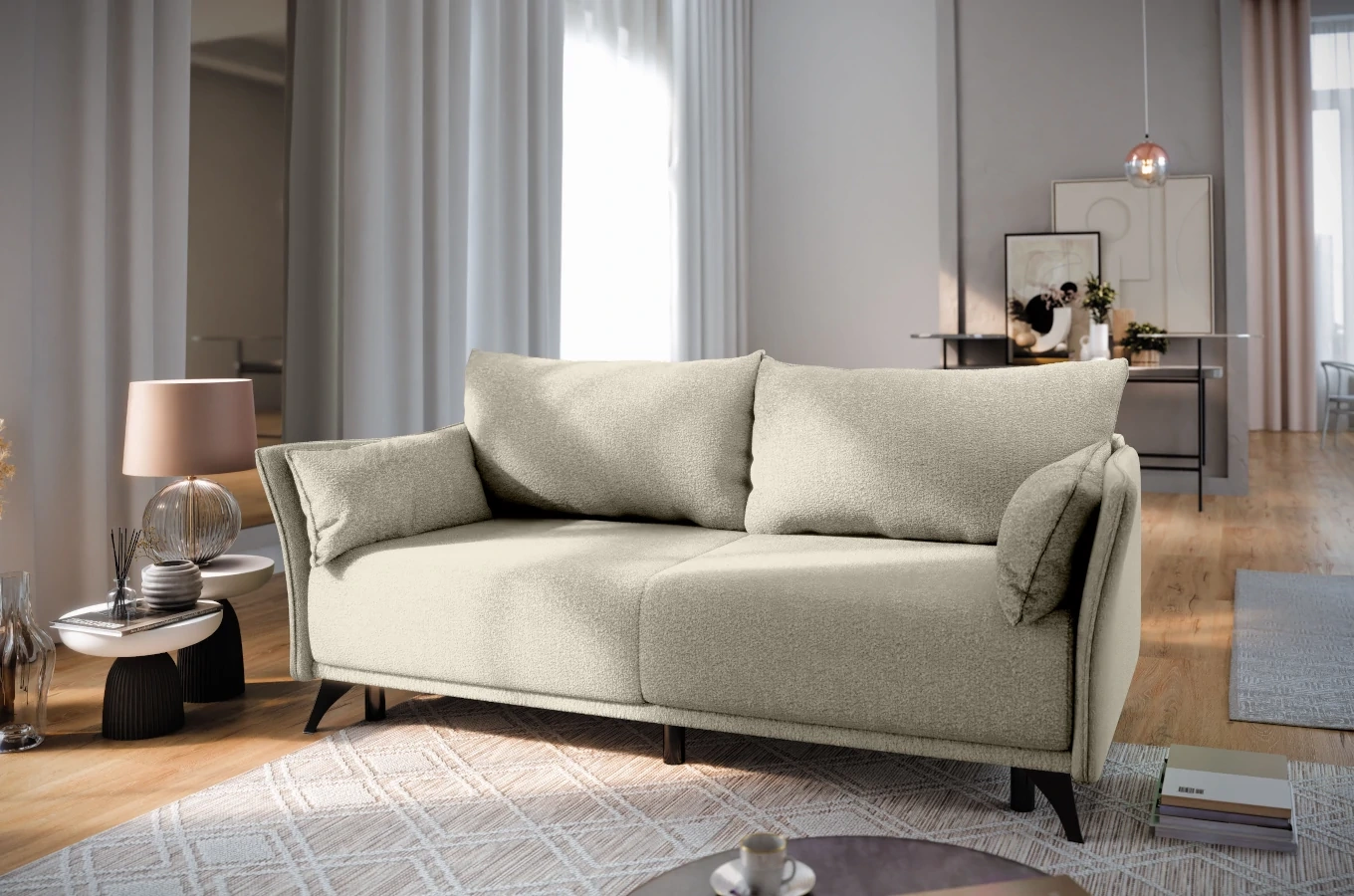 Nowoczesna sofa rozkładana EMMA z funkcją spania i pojemnikiem na pościel / szerokość 223 cm