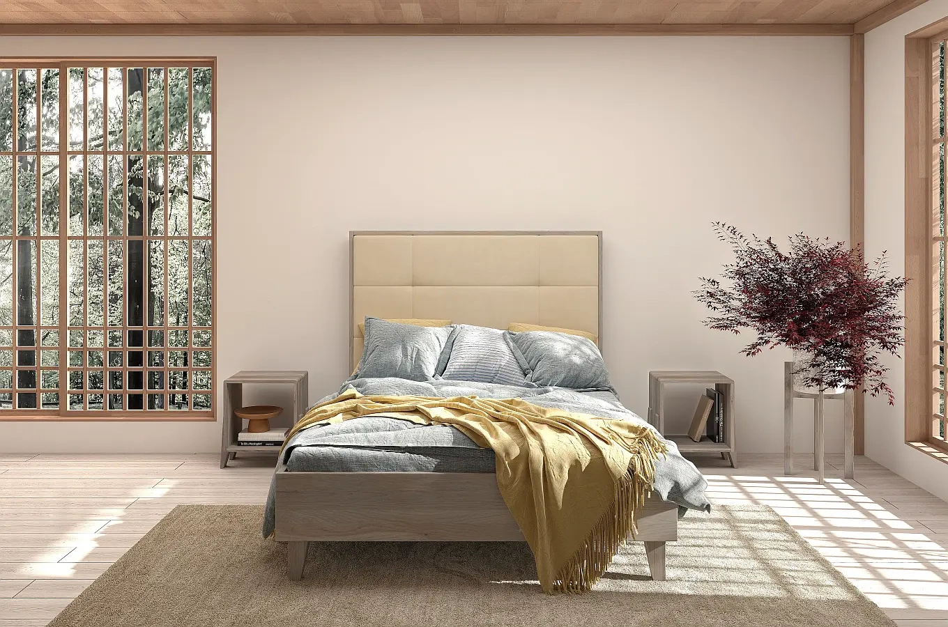 Tapicerowane łóżko drewniane dębowe Visby FRIDA z wysokim zagłówkiem / 180x200 cm, olej bielony, zagłówek French Velvet 659