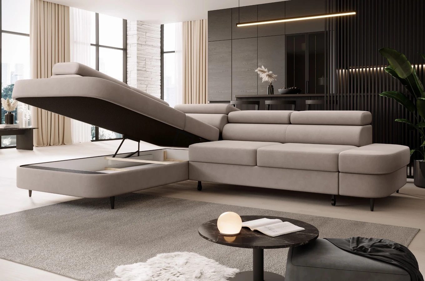 Nowoczesny narożnik TANZANIT L z funkcją spania i pojemnikiem na pościel