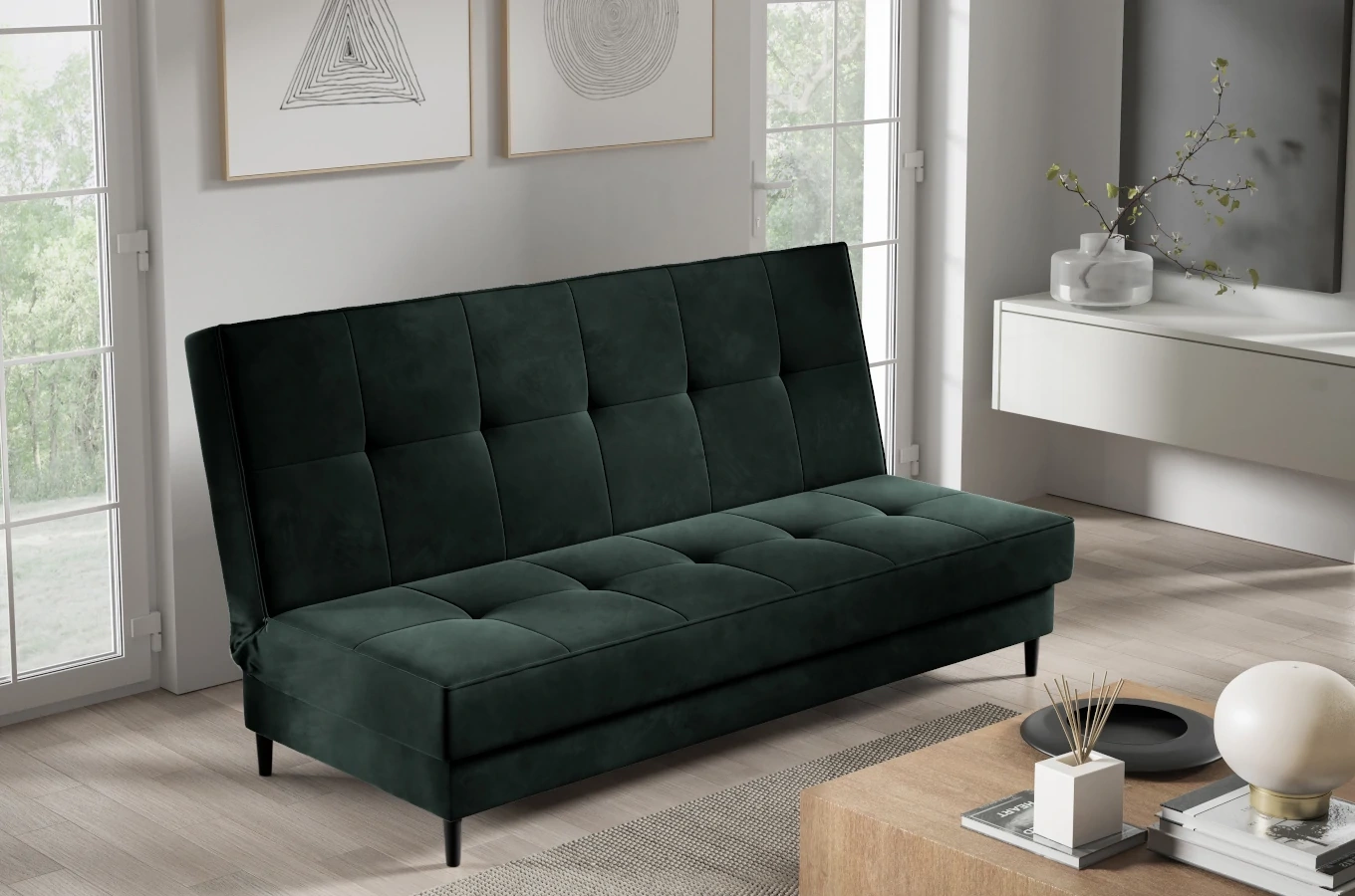 Nowoczesna sofa IRINA w skandynawskim stylu z funkcją spania i pojemnikiem na pościel