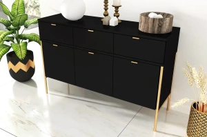 Elegancka czarna komoda do salonu Skandica POLKA na złotych nóżkach / szer. 120 cm