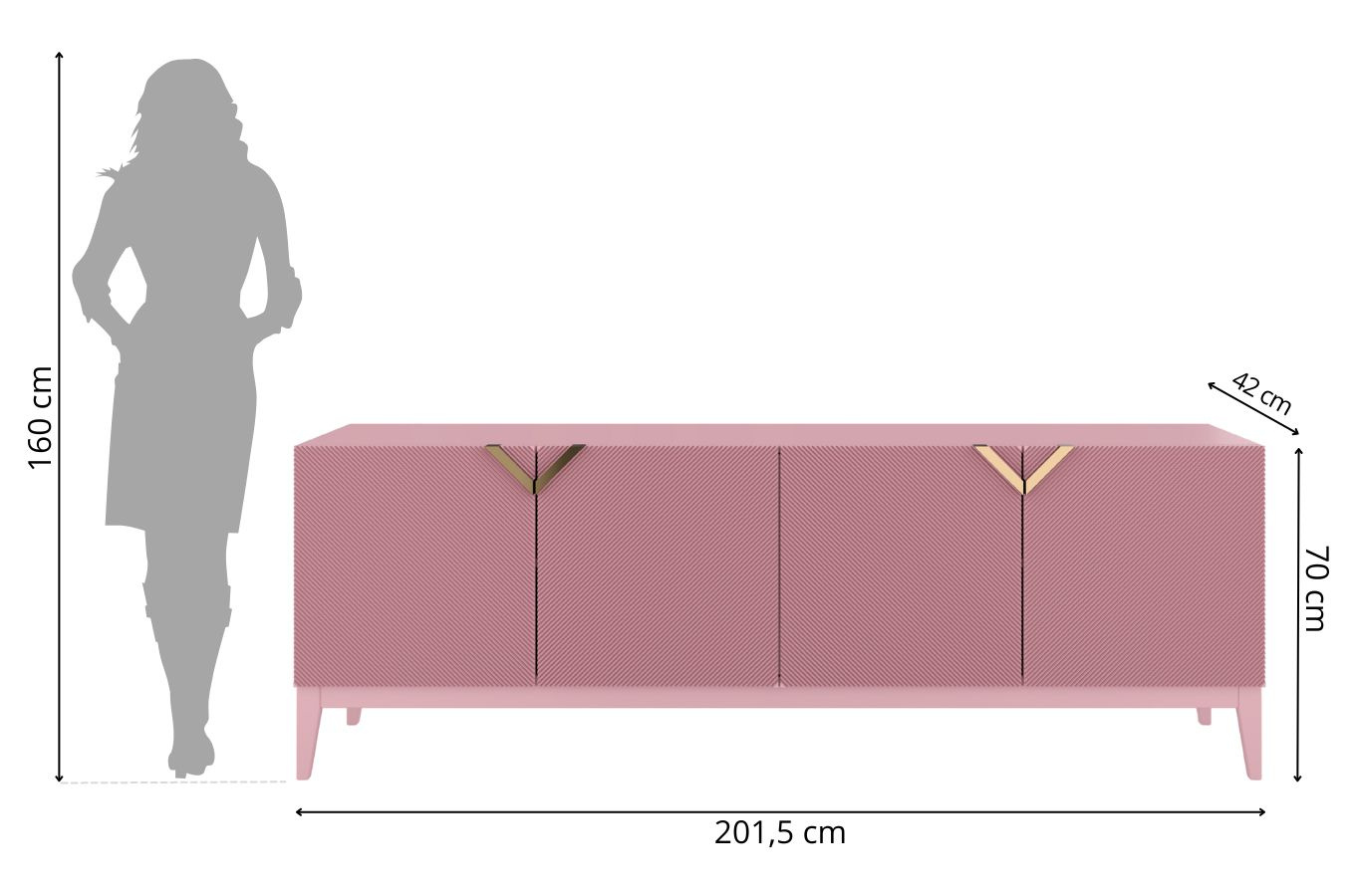 Drewniana komoda Visby DEMI LONG / kolor pudrowy róż / szer. 201,5 cm
