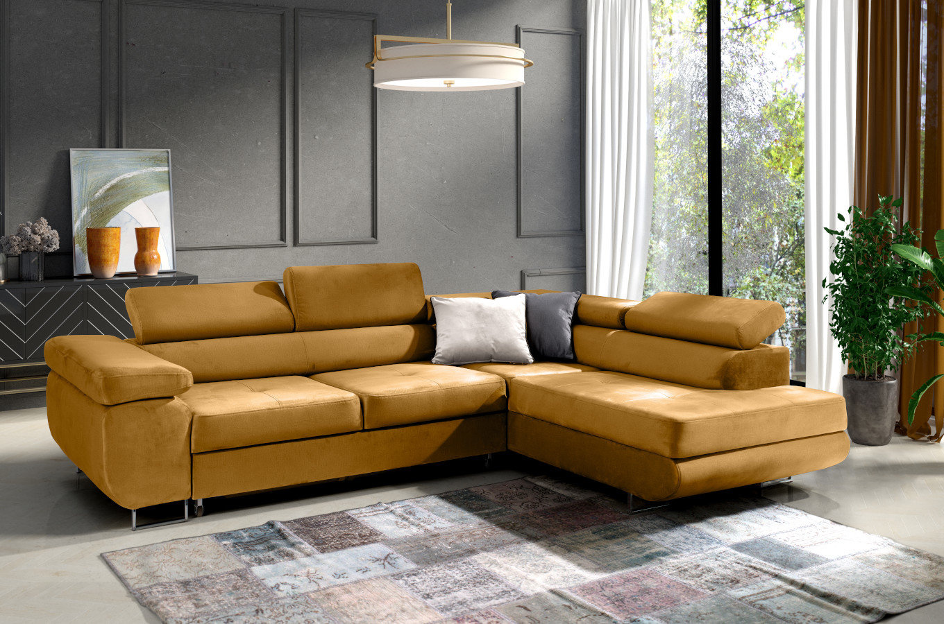 Nowoczesny narożnik DAJTI z funkcją spania, pojemnikiem na pościel oraz regulowanymi zagłówkami