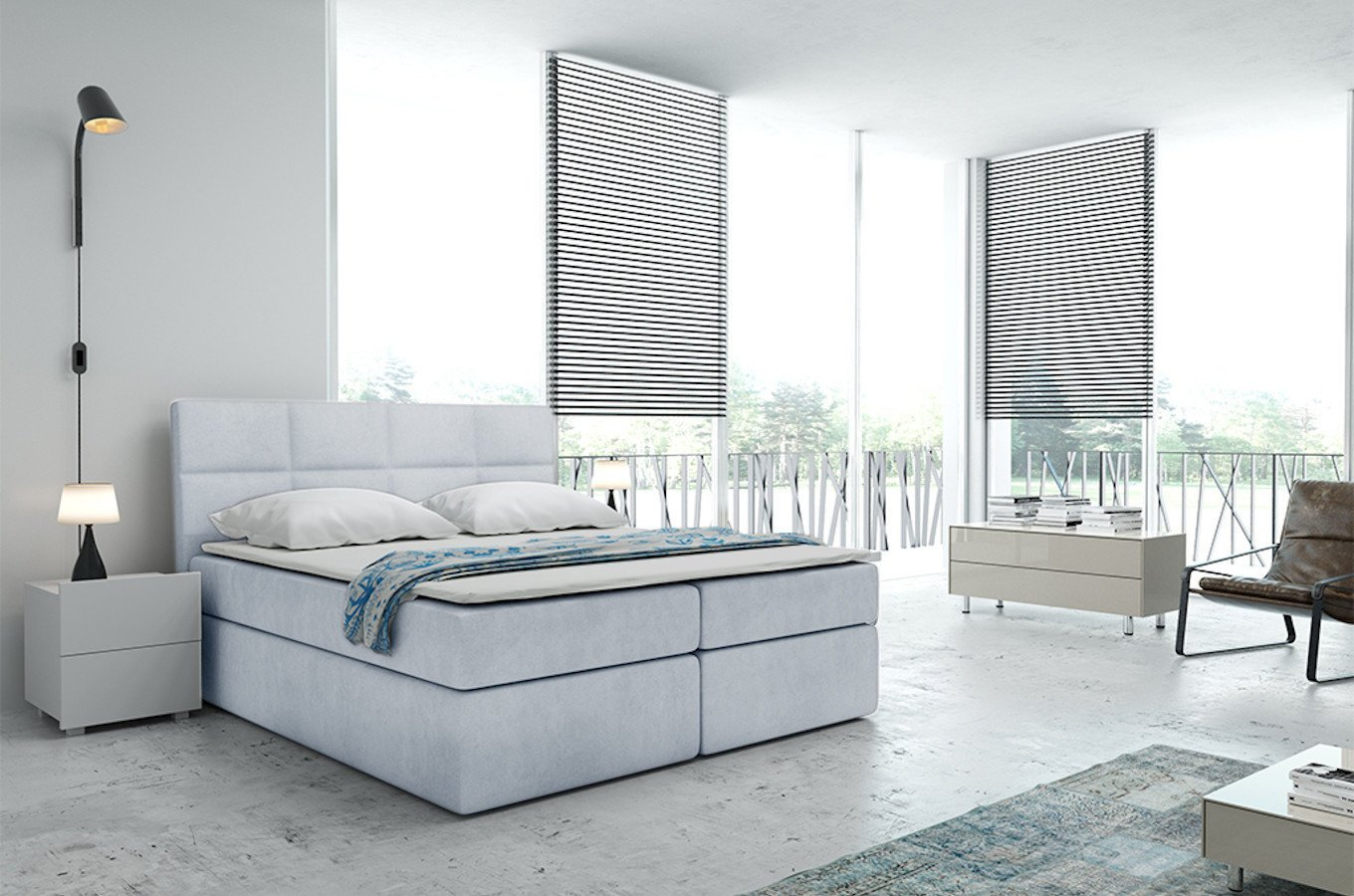 Tapicerowane łóżko kontynentalne BOLMAN z zagłówkiem pikowanym w prostokąty