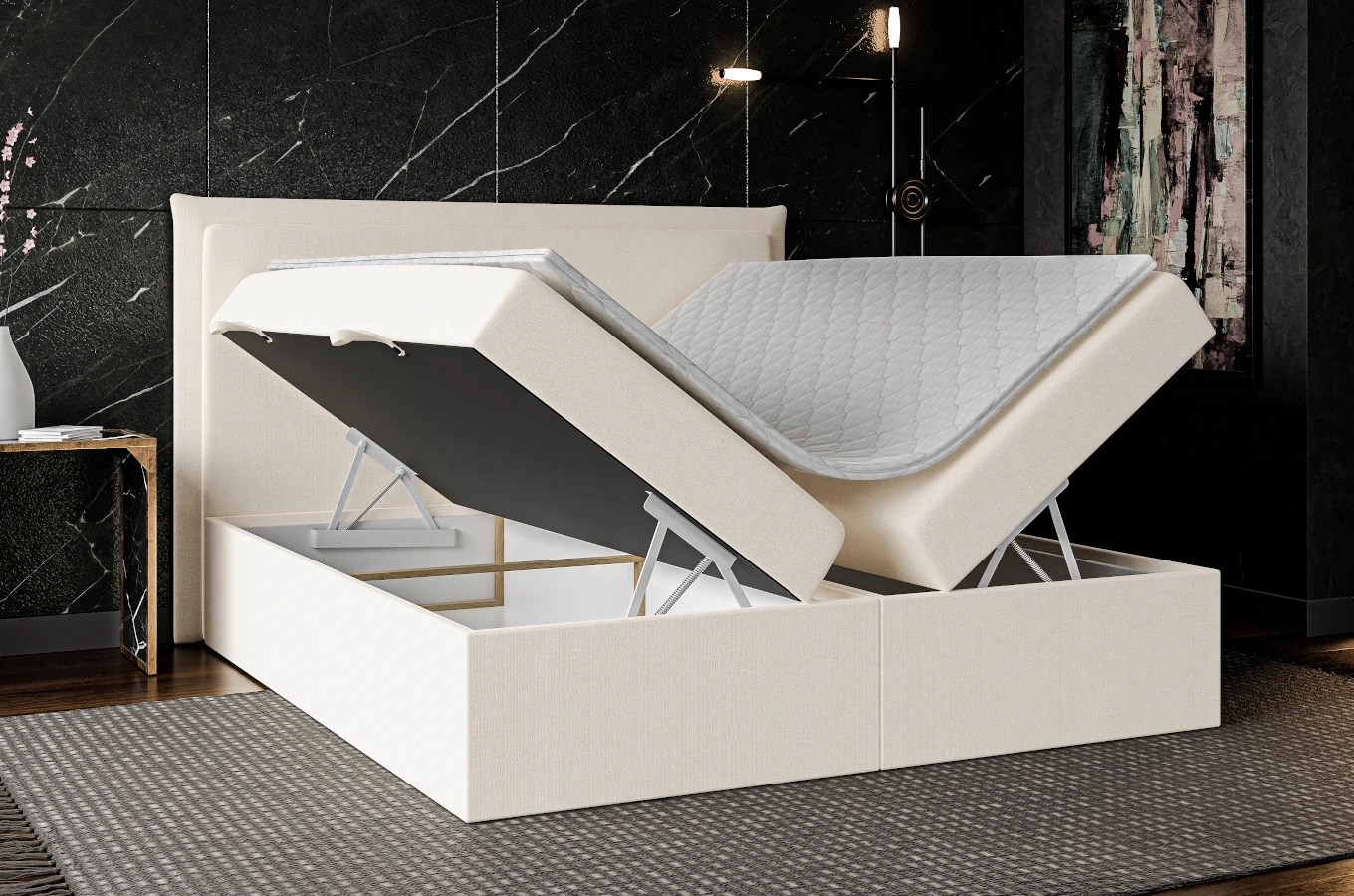 Eleganckie tapicerowane łóżko kontynentalne do sypialni CAMEL z pojemnikiem na pościel