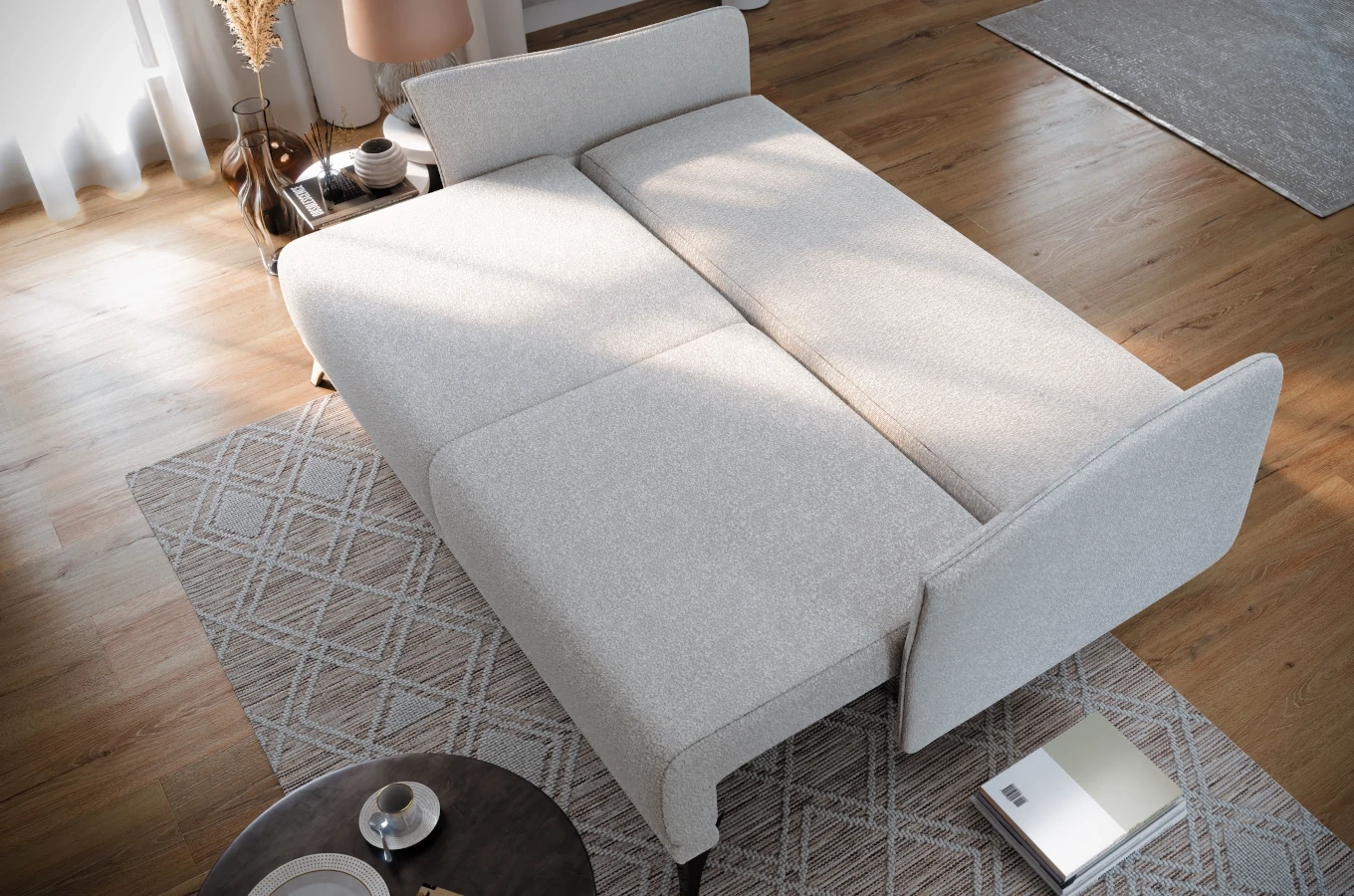 Nowoczesna sofa rozkładana EMMA z funkcją spania i pojemnikiem na pościel / szerokość 223 cm
