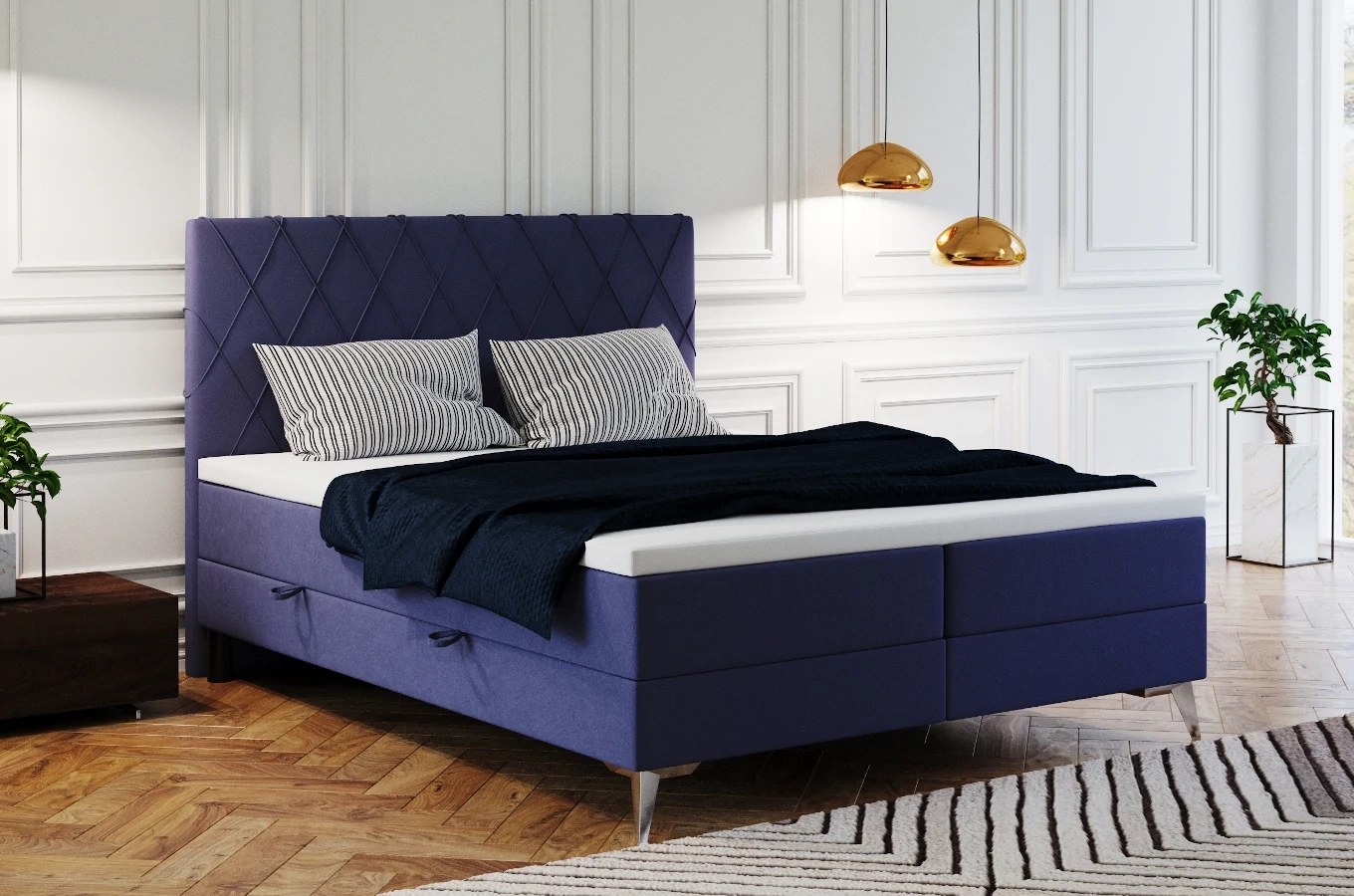 Eleganckie tapicerowane łóżko kontynentalne GEORGE z pojemnikiem na pościel