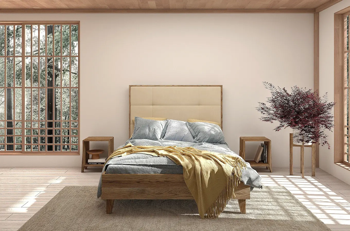 Tapicerowane łóżko drewniane dębowe Visby FRIDA z wysokim zagłówkiem / 200x200 cm, olej retro, zagłówek French Velvet 675