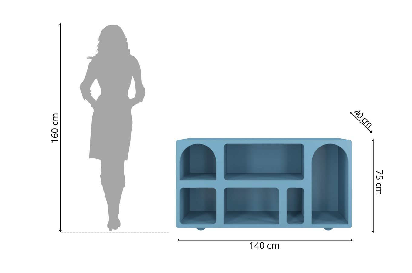 Drewniana komoda - regał - szafka RTV z łukami Visby OLIMPIA LONG / kolor pastelowy niebieski / szer. 140 cm