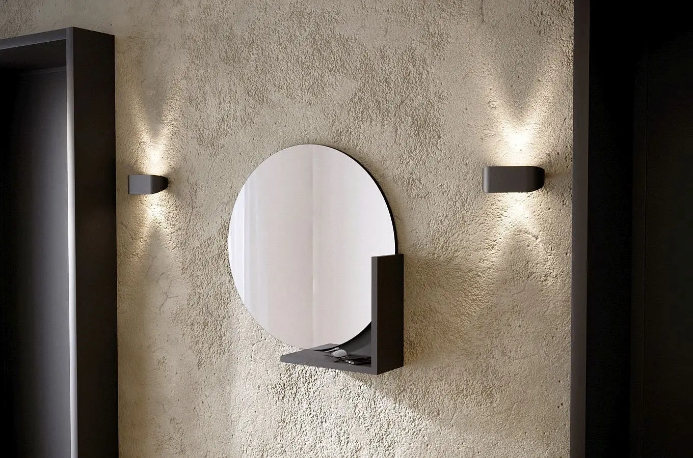 Okrągłe czarne lustro z półką Skandica LUCIJA / średnica 60 cm