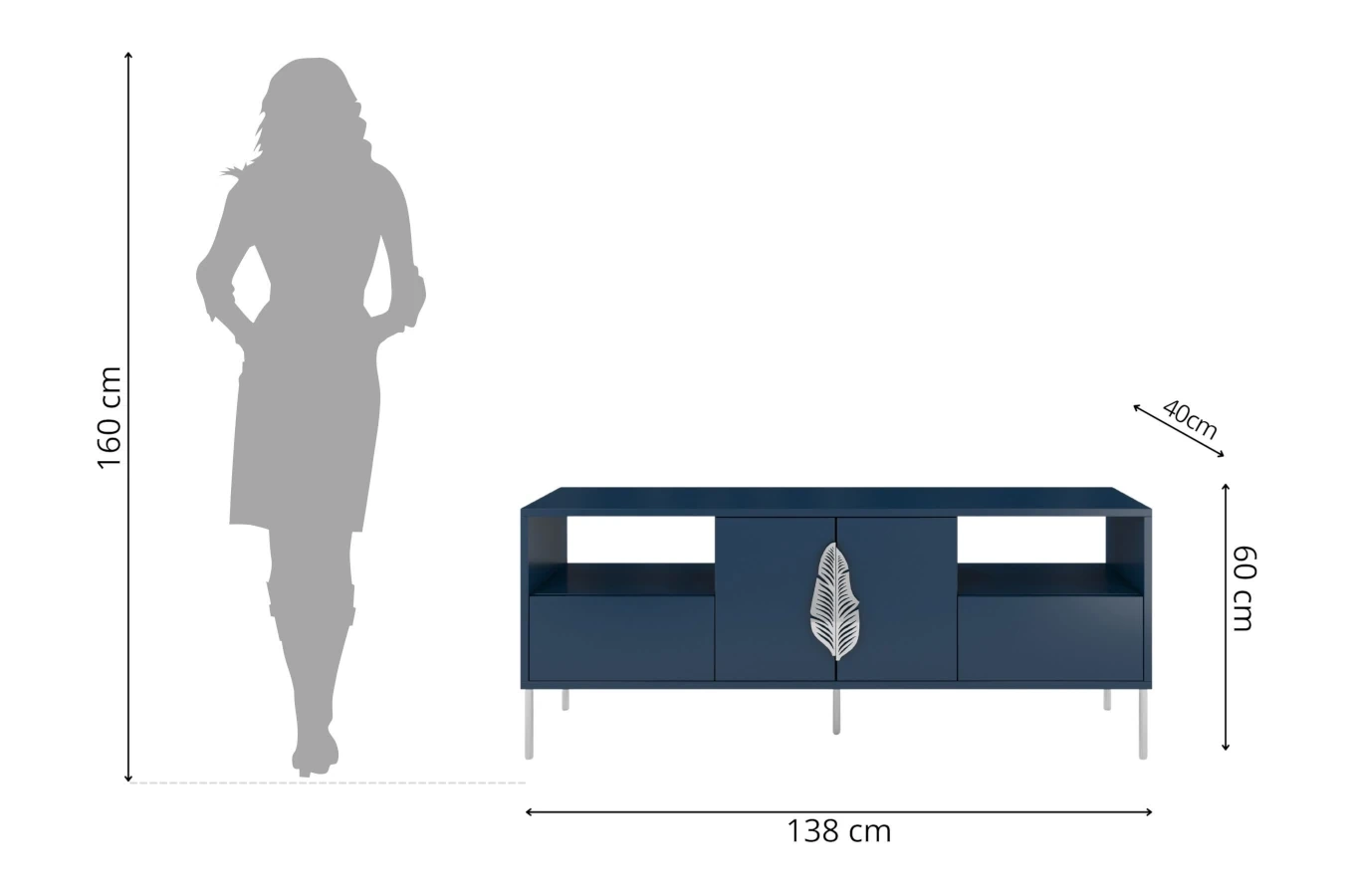 Granatowa komoda RTV Skandica MERLIN ze srebrnymi dodatkami / szer. 138 cm