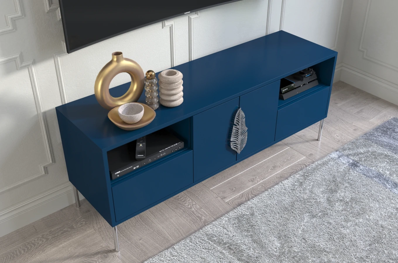 Granatowa komoda RTV Skandica MERLIN ze srebrnymi dodatkami / szer. 138 cm