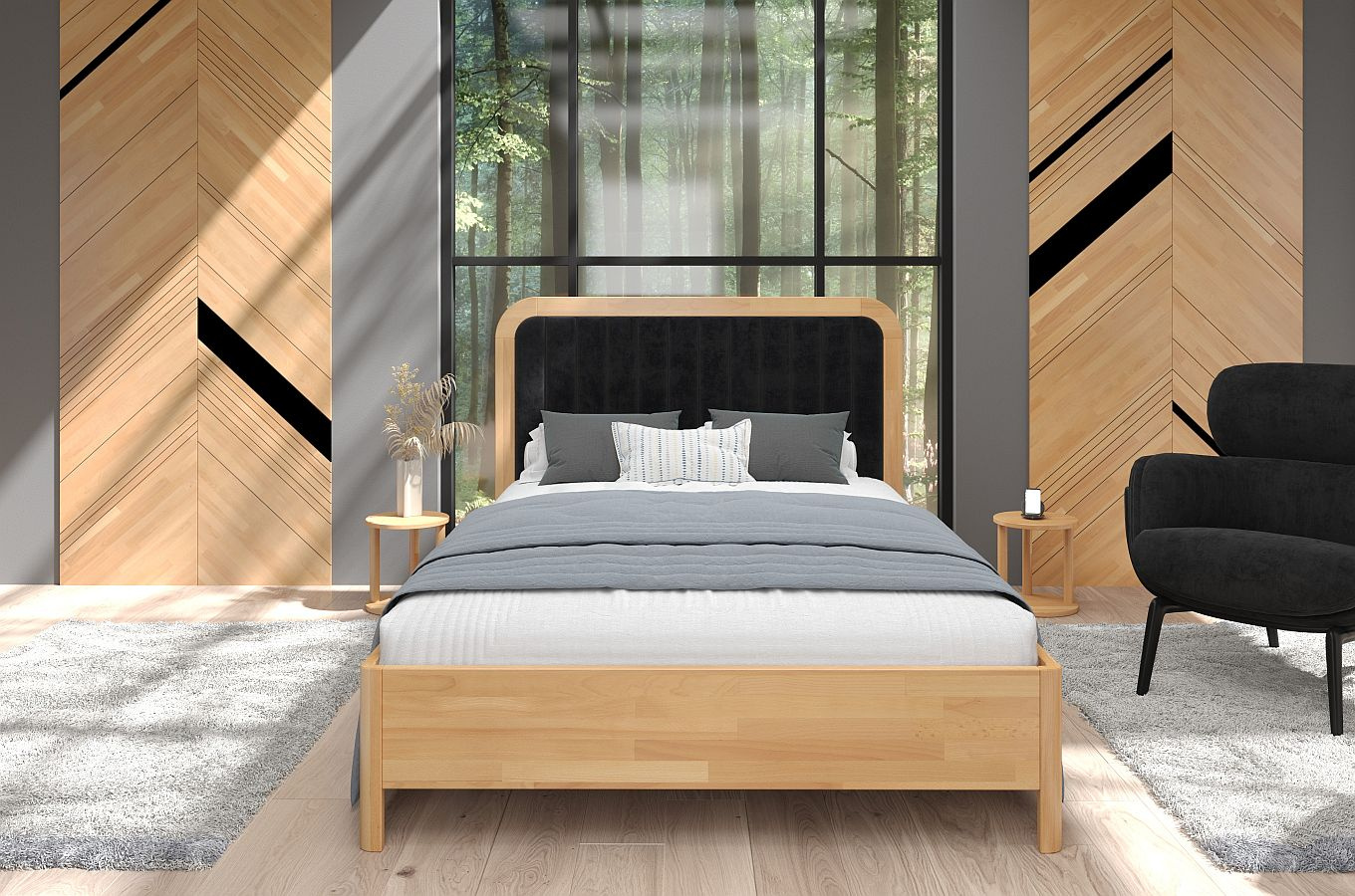 Tapicerowane łóżko drewniane bukowe Visby MODENA z wysokim zagłówkiem