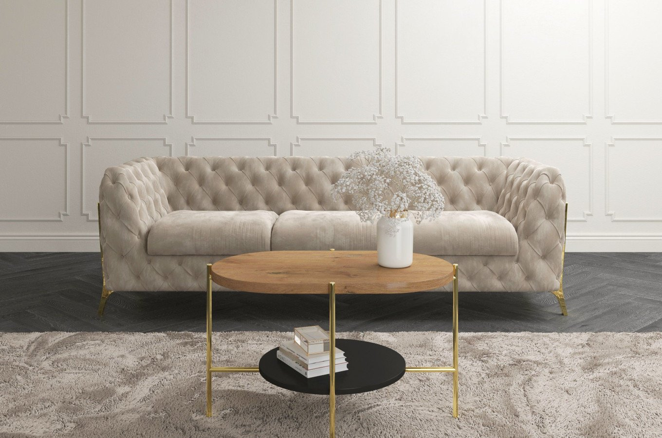 Nowoczesny stolik kawowy Dancan ARENA / złota podstawa + dębowy i czarny blat