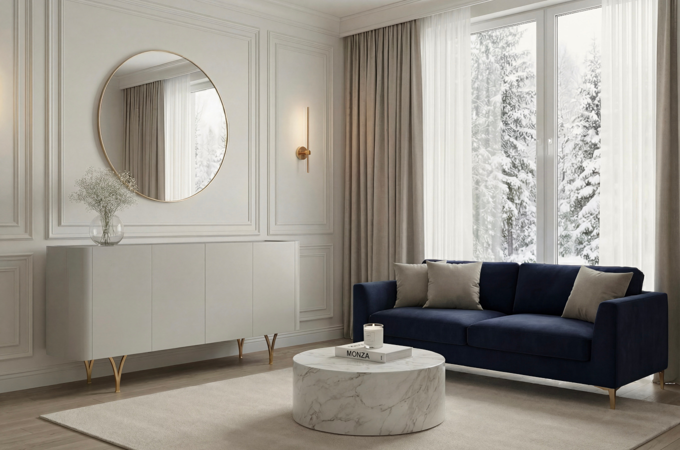 Nowoczesna szara komoda Dancan MONZA ze złotymi nóżkami / szer. 160 cm