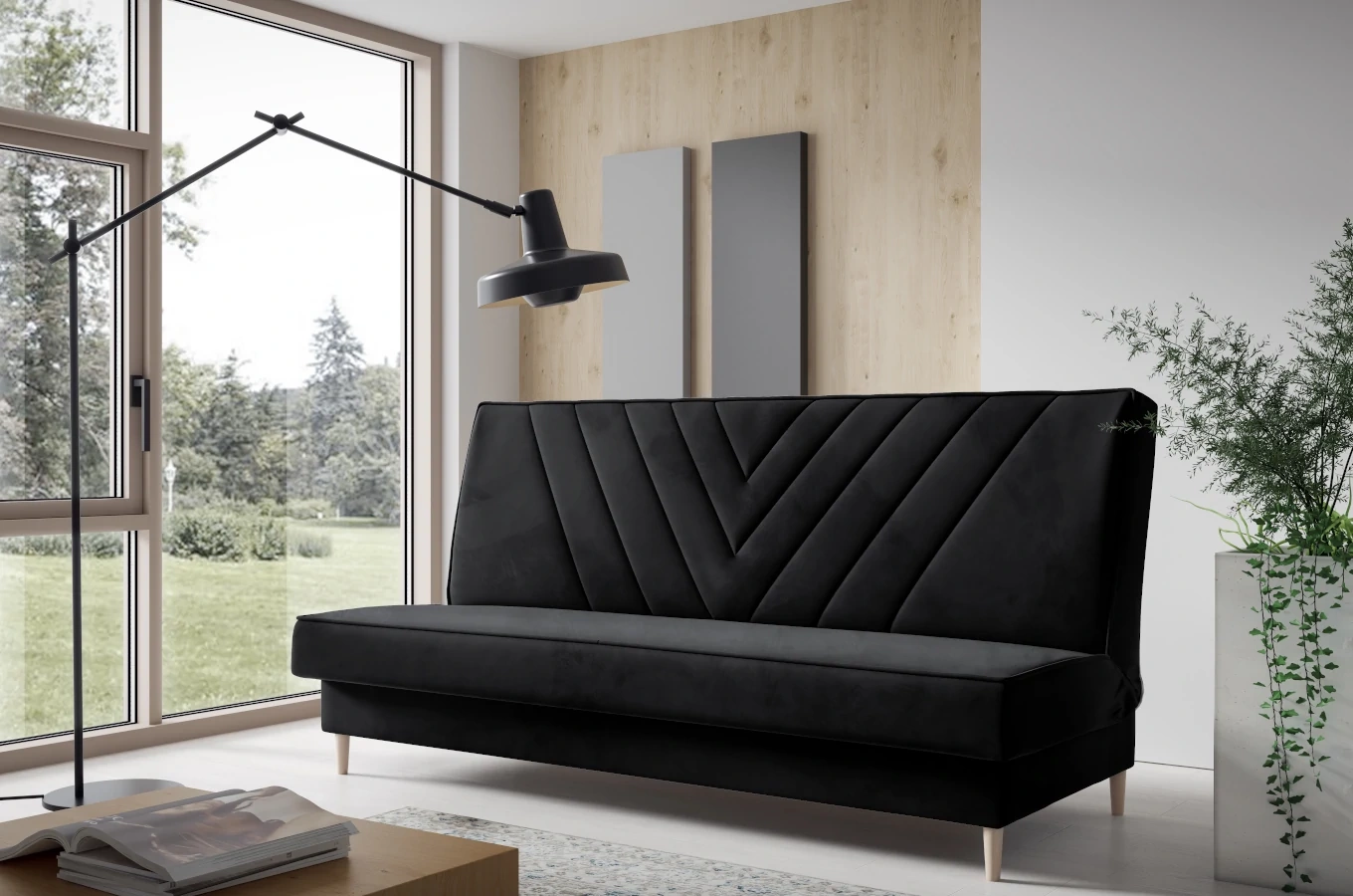 Nowoczesna sofa VAIANA w skandynawskim stylu z funkcją spania i pojemnikiem na pościel