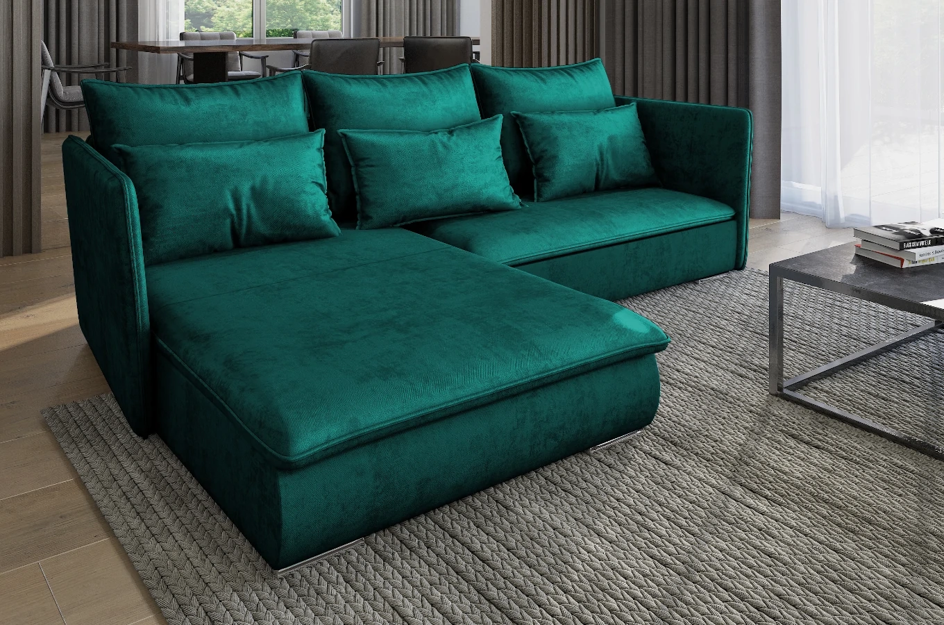 Nowoczesny narożnik SELAVI z funkcją spania i pojemnikiem na pościel