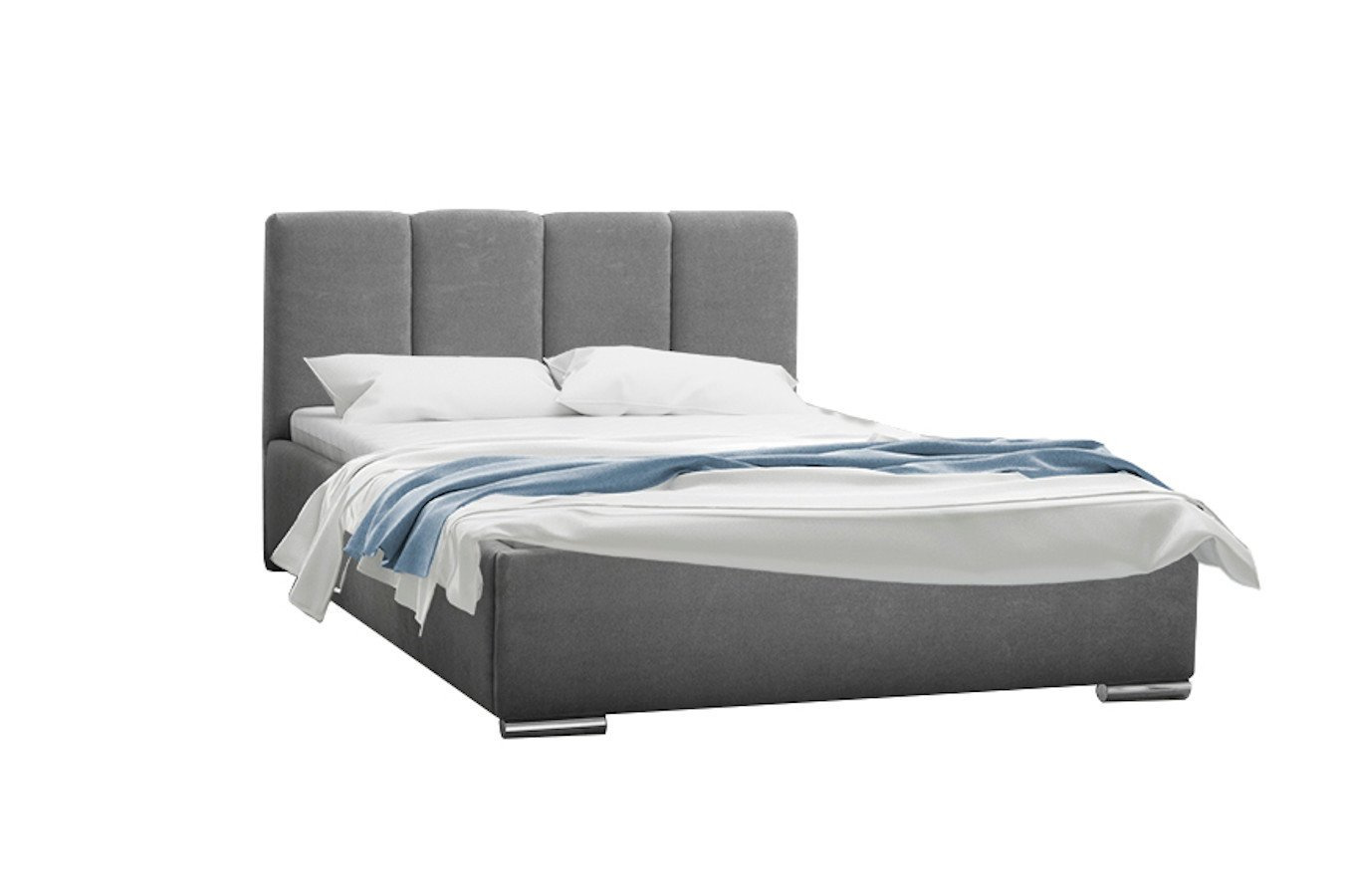 Tapicerowane łóżko do sypialni MALAR z pionowymi przeszyciami na zagłówku.