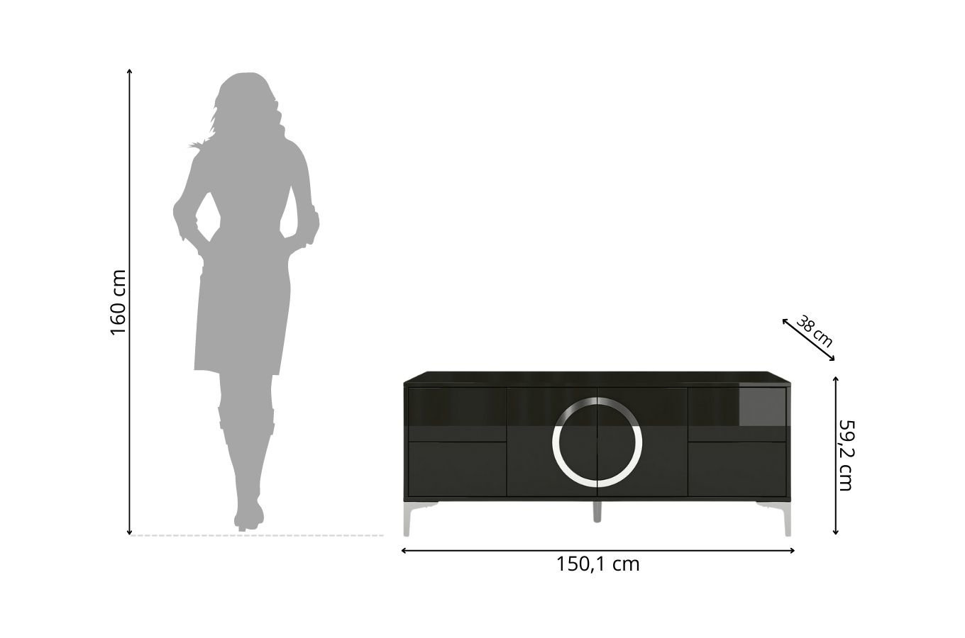 Czarna nowoczesna komoda RTV Dancan EVA połysk / szer. 150 cm