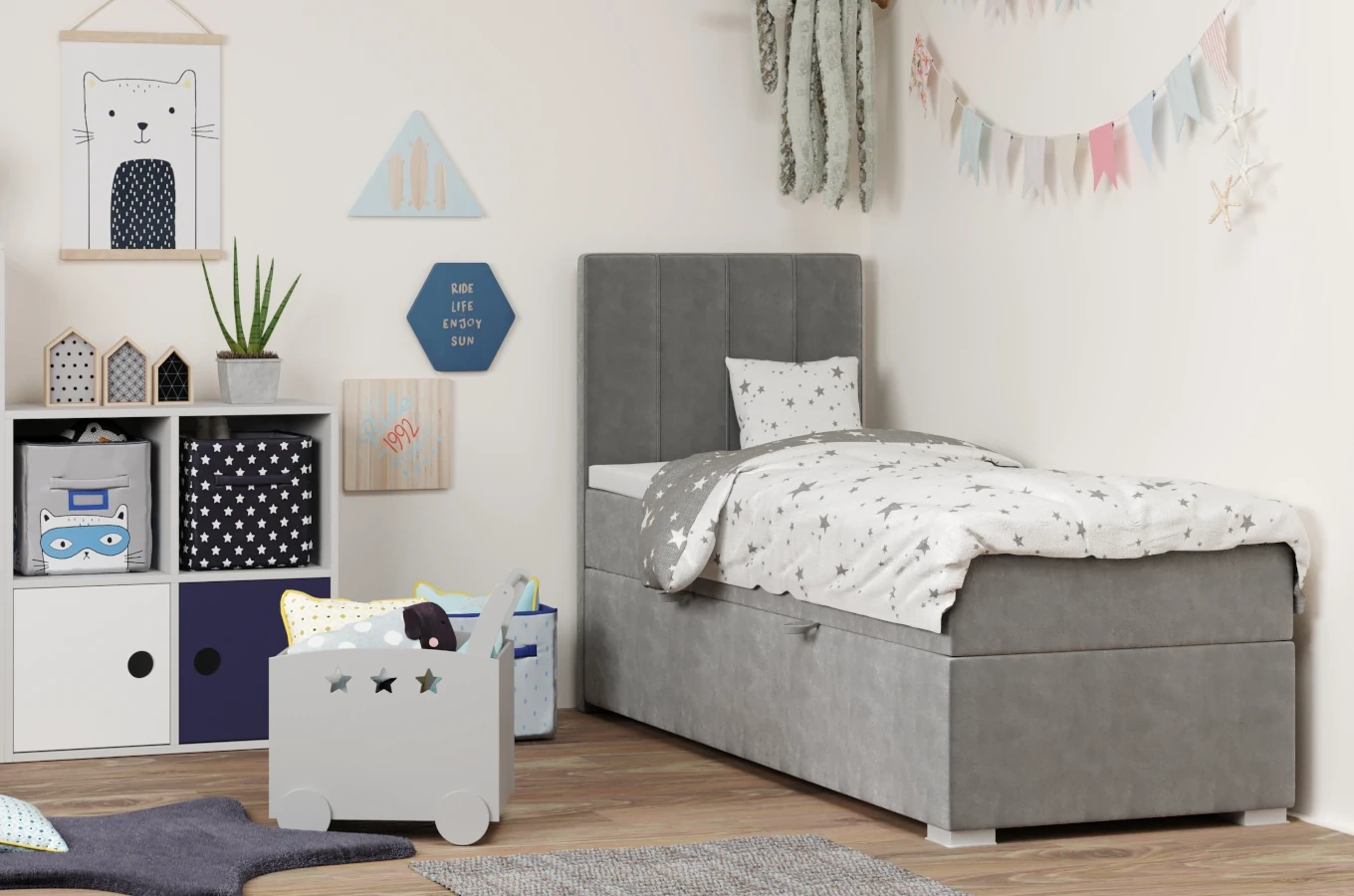 Eleganckie tapicerowane łóżko kontynentalne do sypialni CAREN z pojemnikiem na pościel