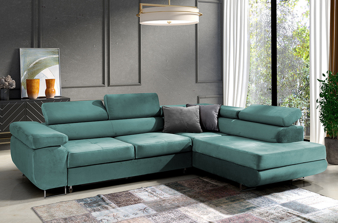 Nowoczesny narożnik DAJTI z funkcją spania, pojemnikiem na pościel oraz regulowanymi zagłówkami