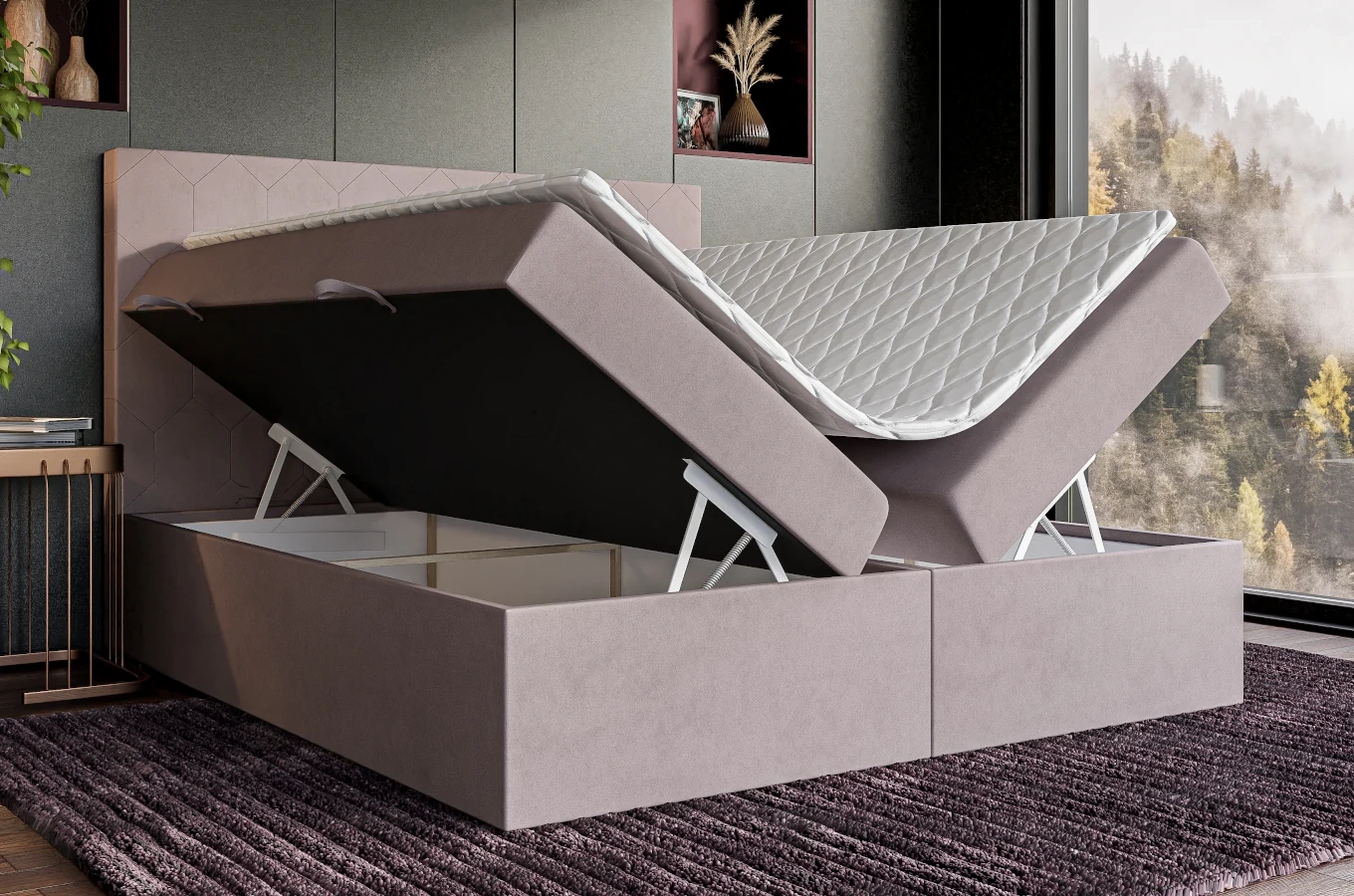 Eleganckie tapicerowane łóżko kontynentalne do sypialni NICOLA z pojemnikiem na pościel