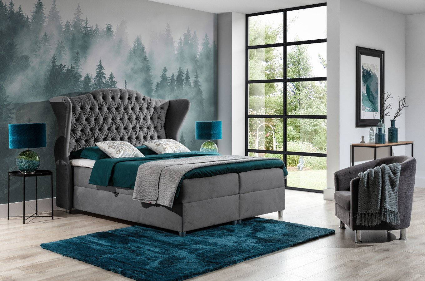 Eleganckie tapicerowane łóżko kontynentalne VASTO z pikowaniem chesterfield na zagłówku