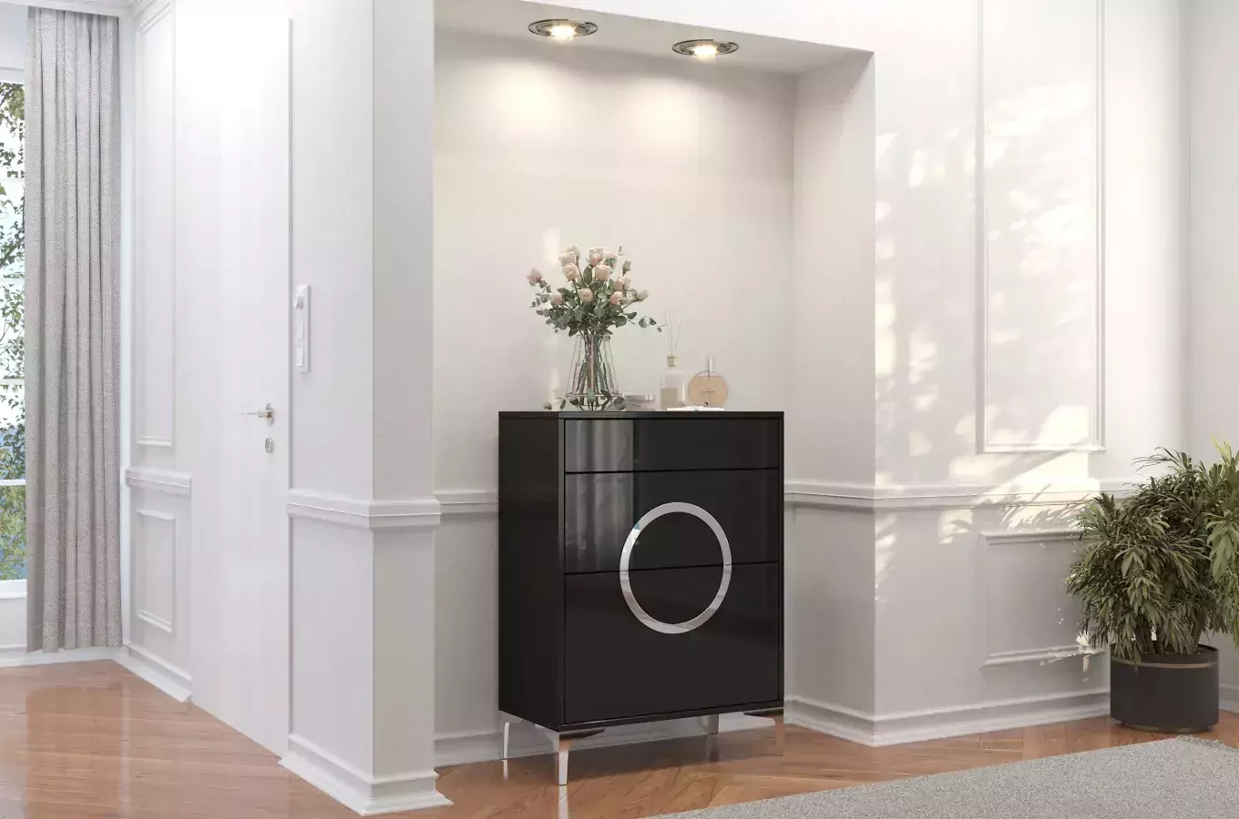 Czarno-srebrna komoda Dancan EVELINE wysoki połysk / szer. 70 cm