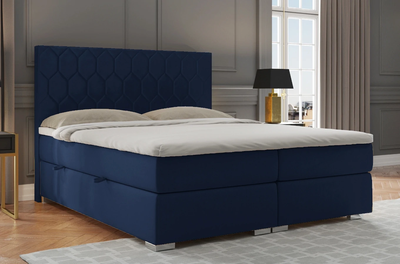 Eleganckie tapicerowane łóżko kontynentalne do sypialni NICOLA z pojemnikiem na pościel