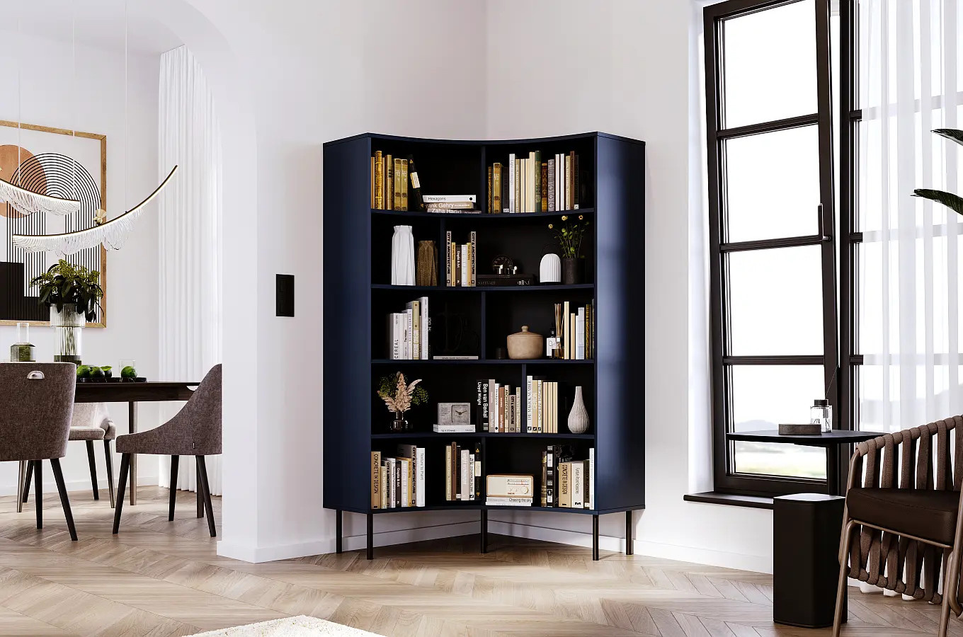 Nowoczesny narożny regał na książki Skandica HORN z czarnymi nogami / granatowy / szer. 100 cm