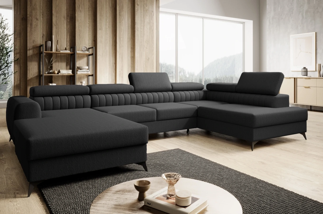 Nowoczesny narożnik PLAZA z funkcją spania i dwoma pojemnikami na pościel