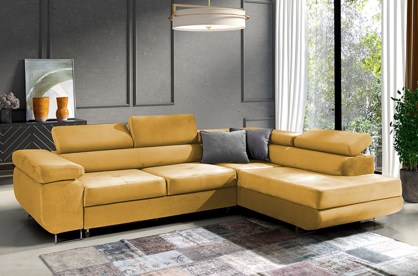 Nowoczesny narożnik DAJTI z funkcją spania, pojemnikiem na pościel oraz regulowanymi zagłówkami