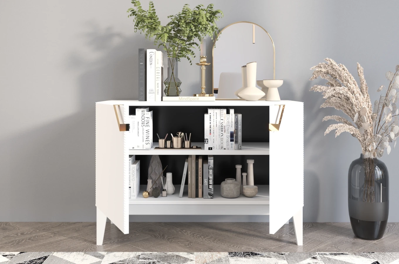 Drewniana komoda Visby DEMI LONG 2D / kolor biały + białe nogi / szer. 100,5 cm