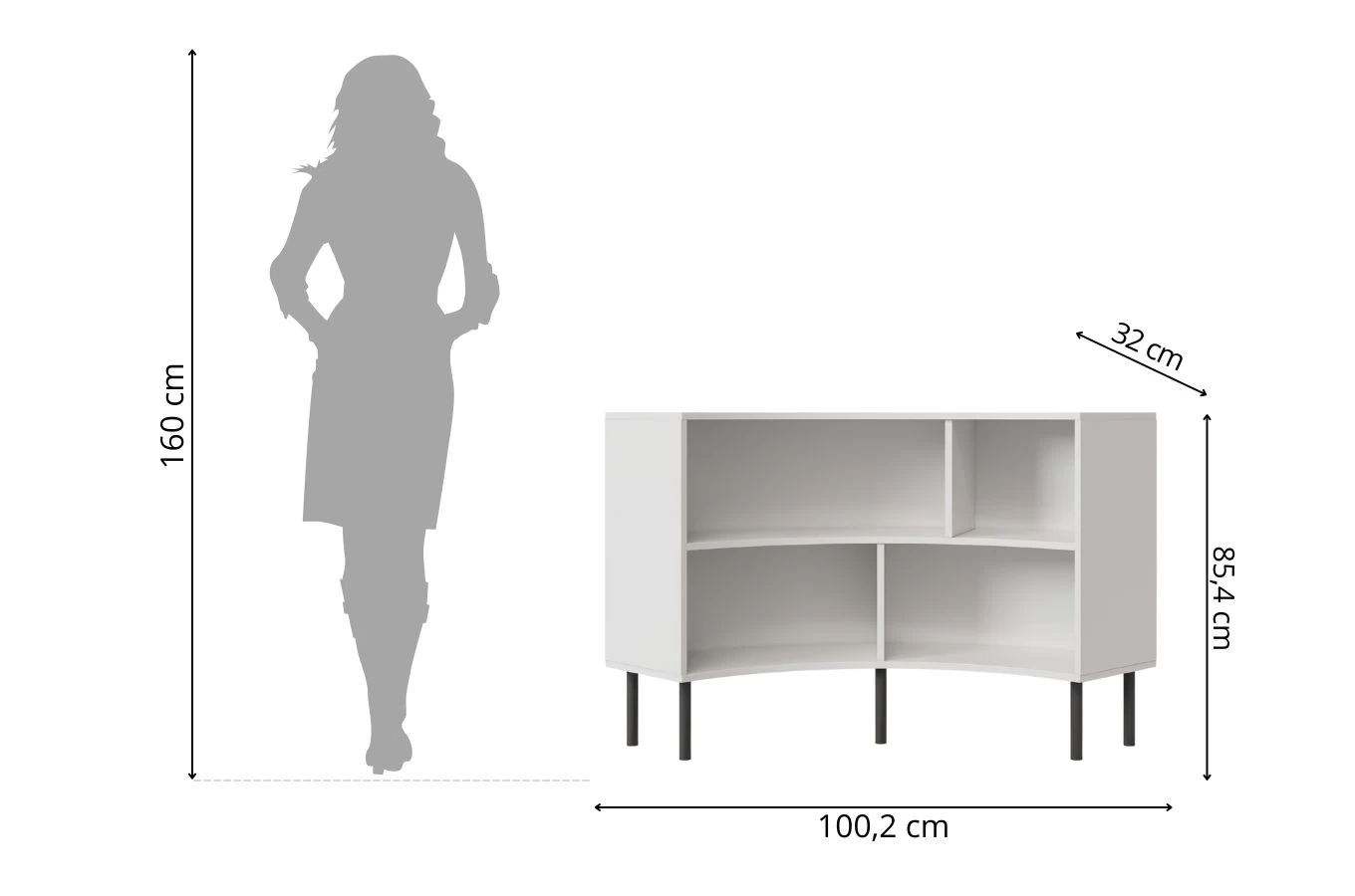 Nowoczesny narożny niski regał na książki Skandica HORN z czarnymi nogami / biały / szer. 100 cm