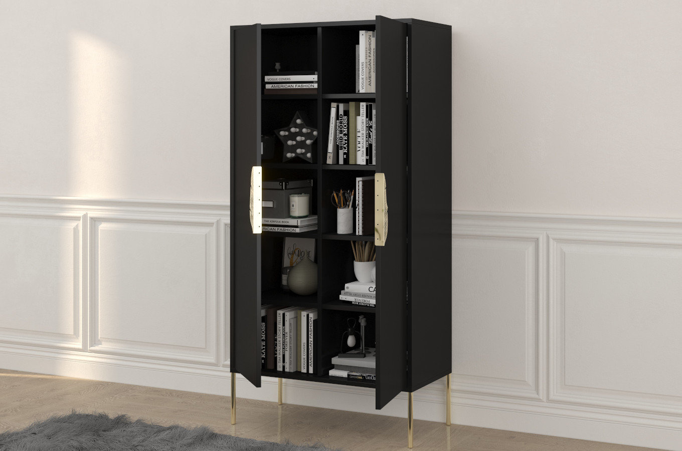 Wysoka czarna komoda ze złotymi dodatkami Skandica MERLIN / szer. 80 cm