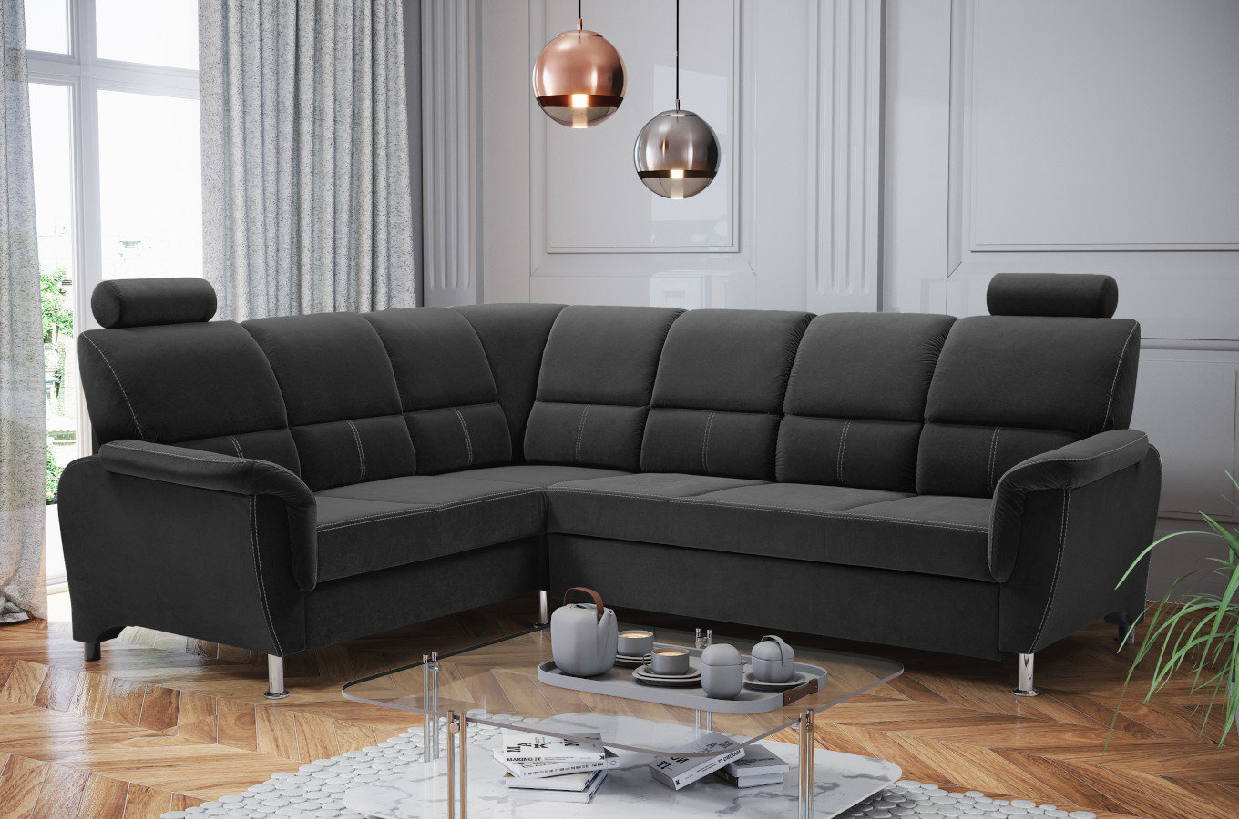 Klasyczny rozkładany narożnik DANIELA z pojemnikiem na pościel