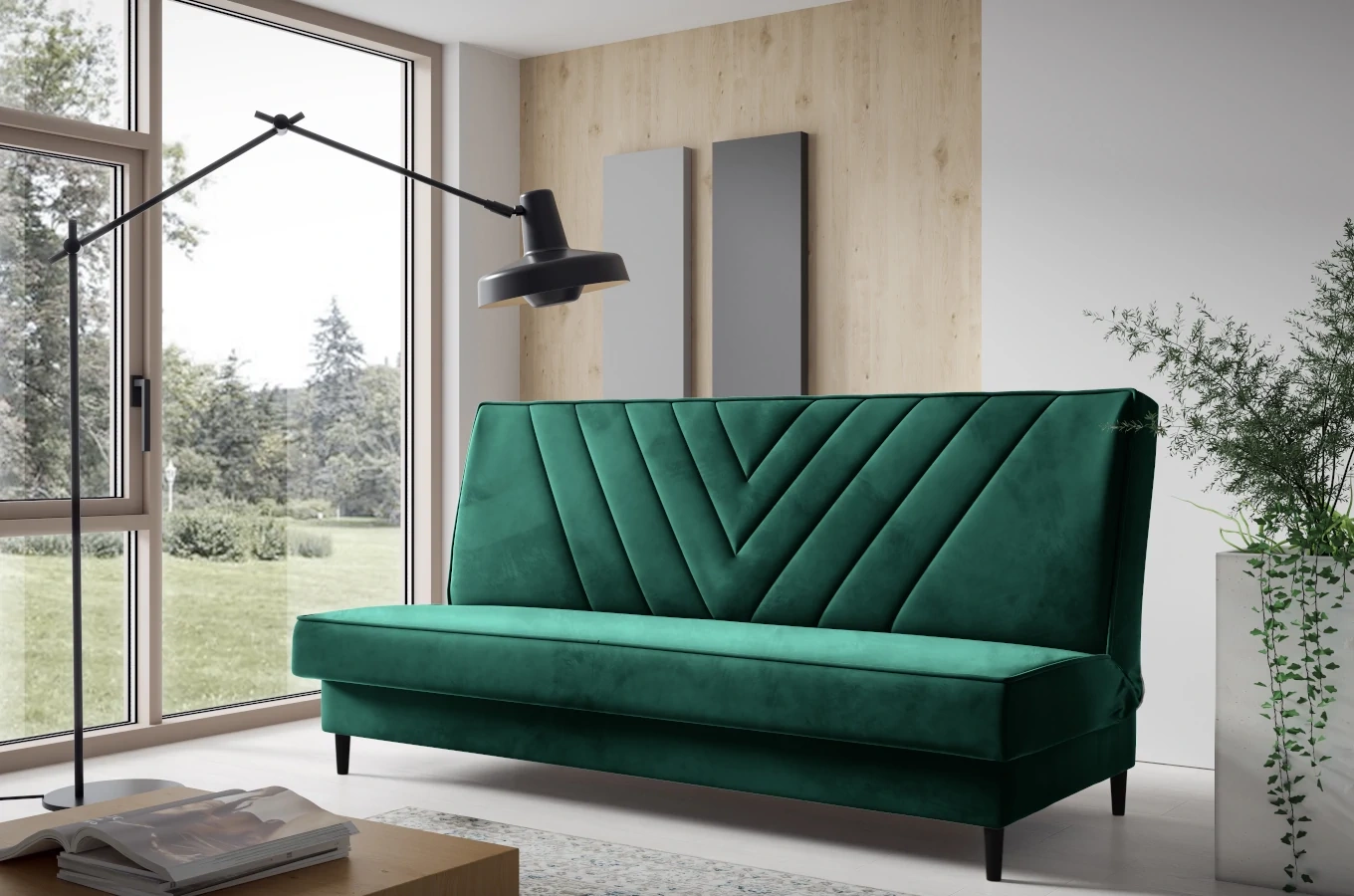 Nowoczesna sofa VAIANA w skandynawskim stylu z funkcją spania i pojemnikiem na pościel