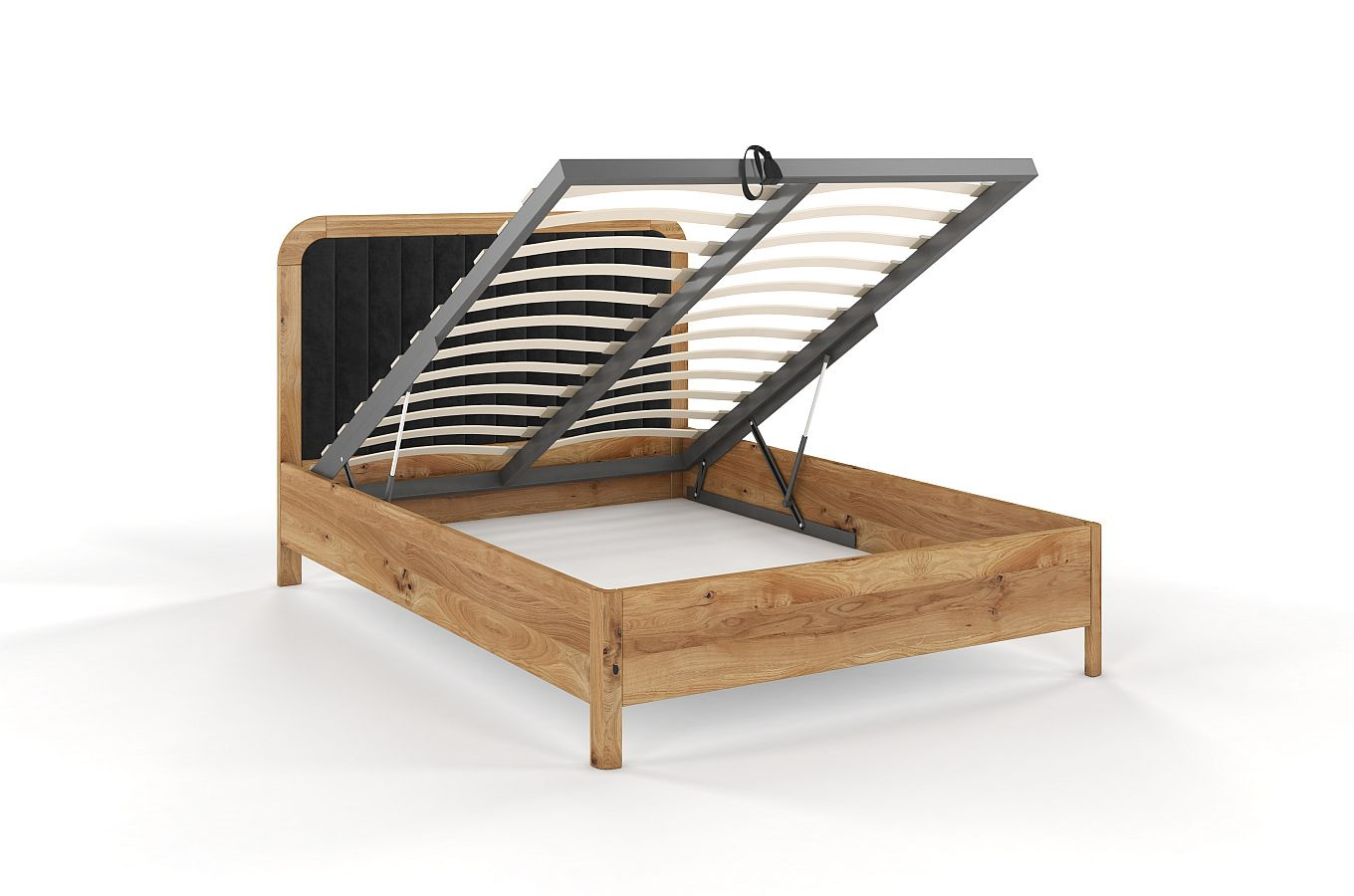 Tapicerowane łóżko drewniane dębowe Visby MODENA BC z wysokim zagłówkiem (skrzynia na pościel)