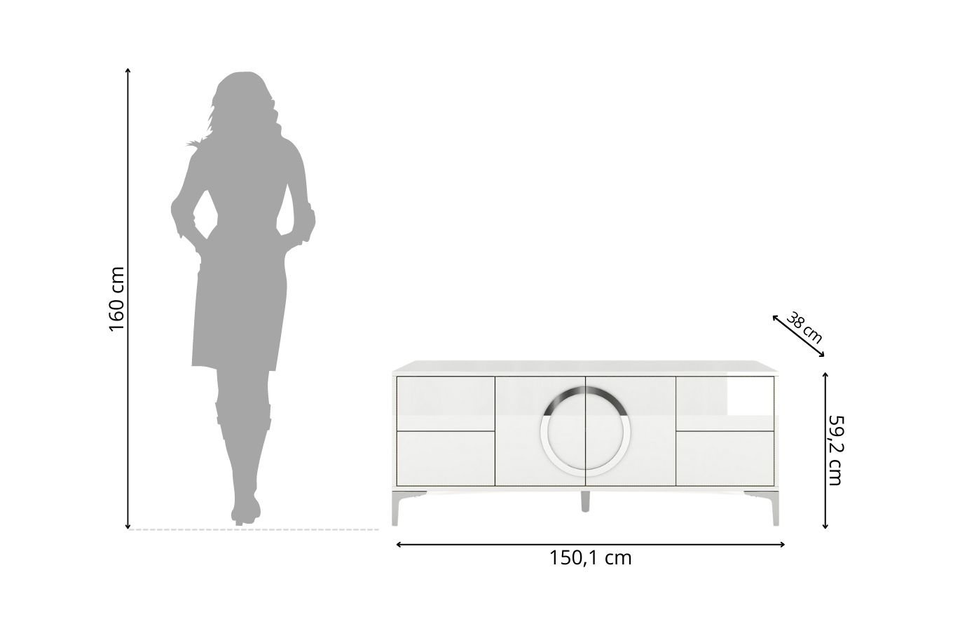 Biała nowoczesna komoda RTV Dancan EVA połysk / szer. 150 cm