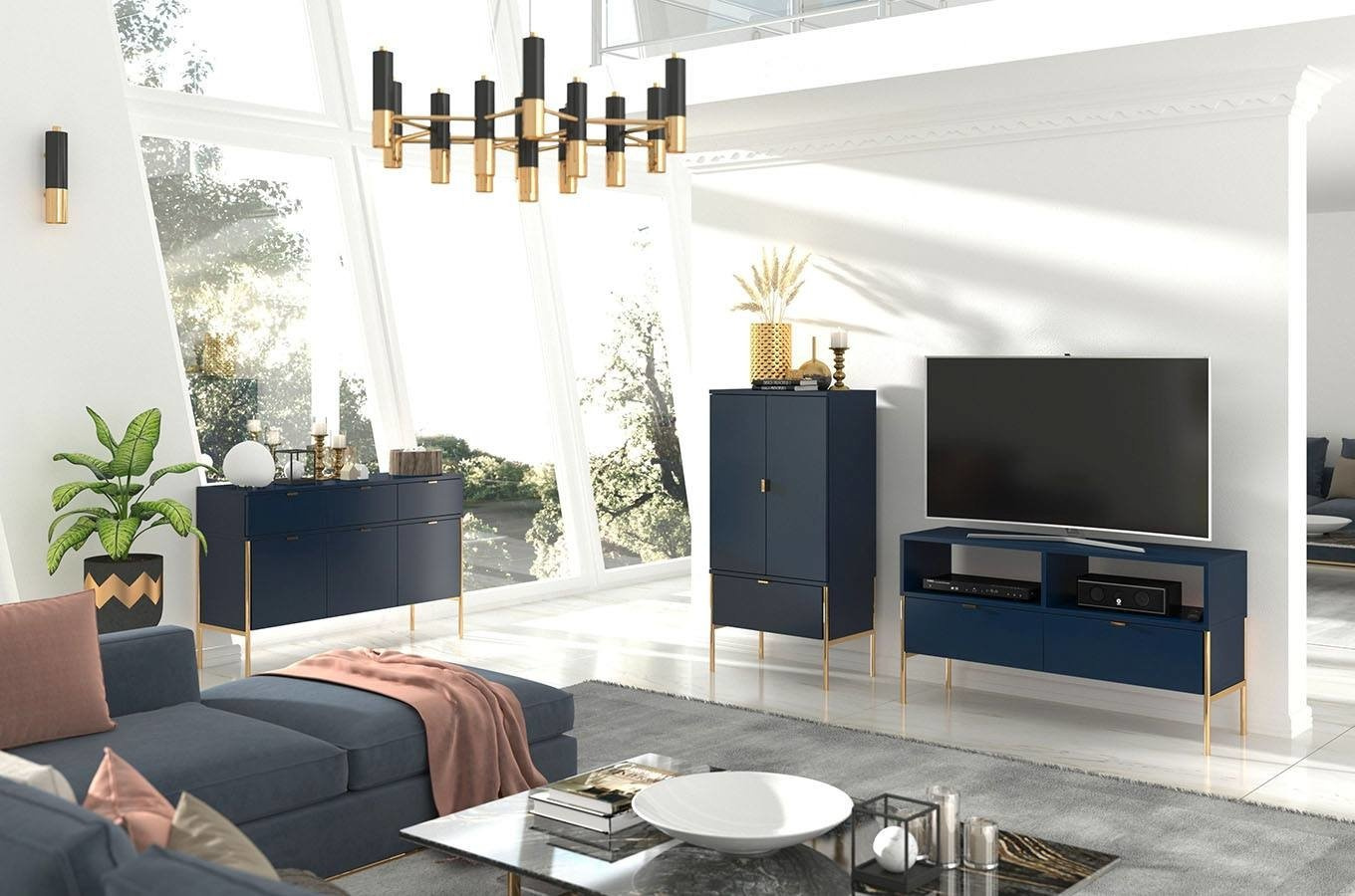 Wysoka elegancka granatowa komoda Skandica POLKA na złotych nóżkach / szer. 60 cm