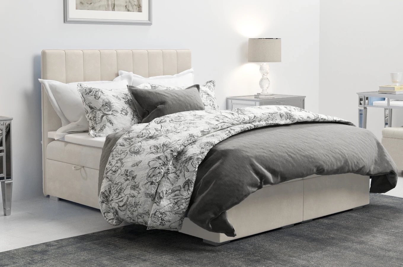 Eleganckie tapicerowane łóżko kontynentalne do sypialni CAREN z pojemnikiem na pościel