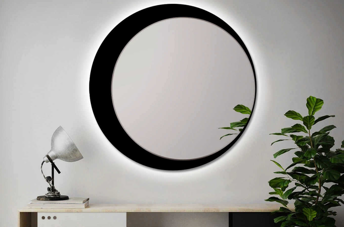 Okrągłe lustro SIMPLE MOON z oświetleniem LED / rama dostępna w 2 kolorach