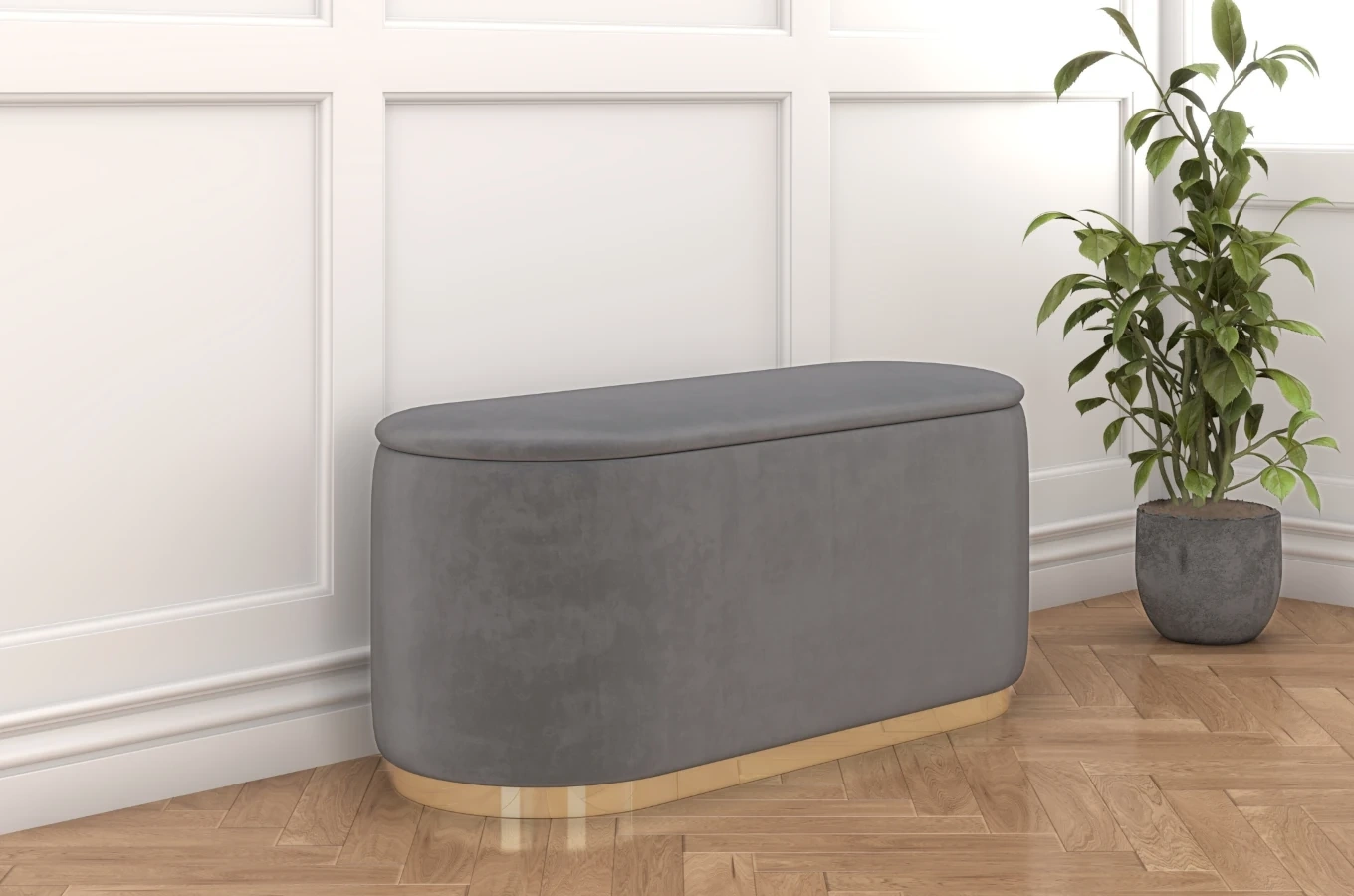 Jasnoszary owalny puf ze schowkiem Dancan SCARLETT na złotej podstawie